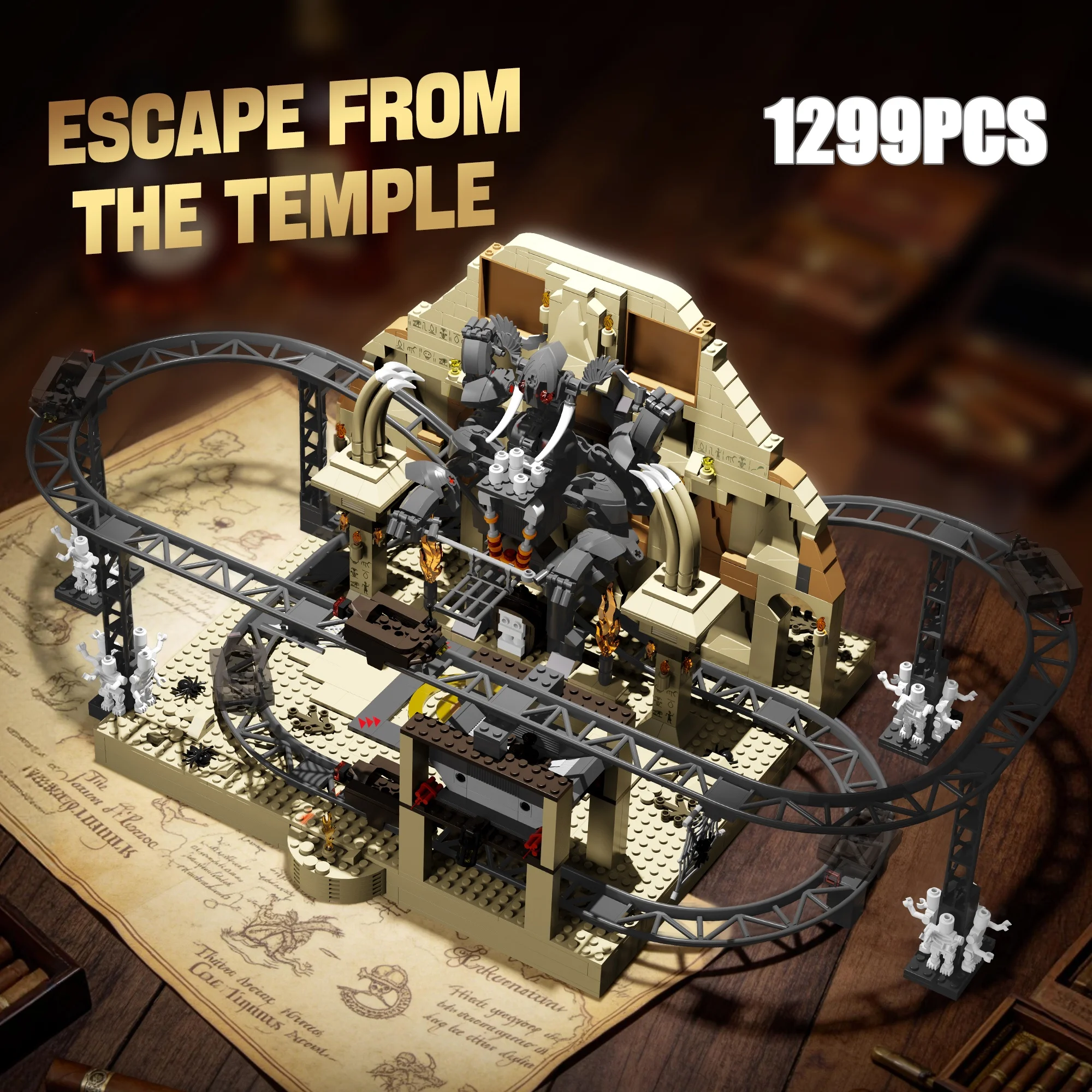 

1299PCS Escape From The Temple Building Blocks Set,Ancient Egypt Adventure Scene with Track, Desktop Decoration Toy,gift for boy