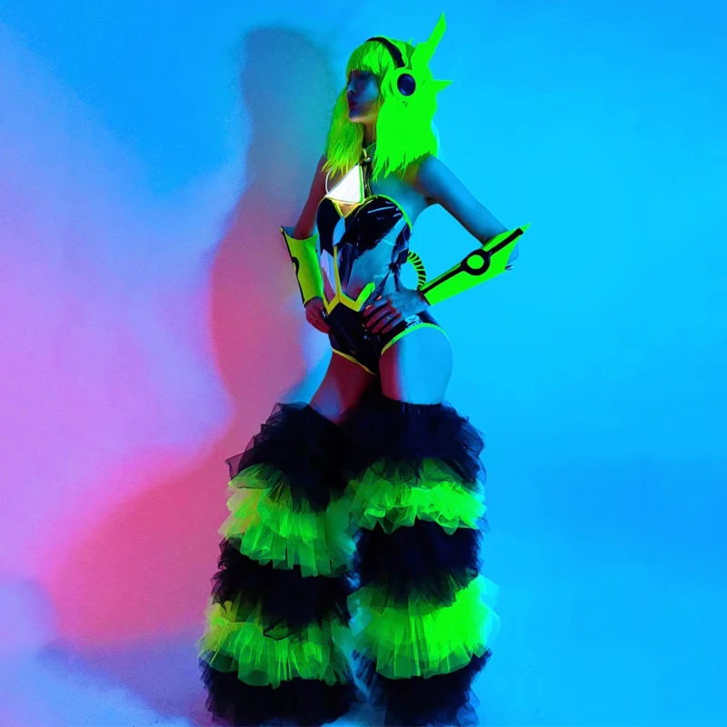 Fluorescent Colors Bodysuit Cake Legs Cover Tech Style Cosplay Rave Outfit Women Gogo Costume Stage Performance Wear XS7495