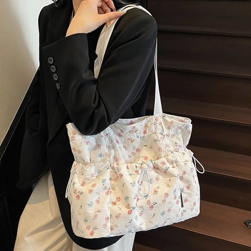 Sweet Harajuku Aesthetic Handbag Korean Style Large Capacity Floral Tote Bag Underarm Grocery Bag Drawstring Shoulder Bag