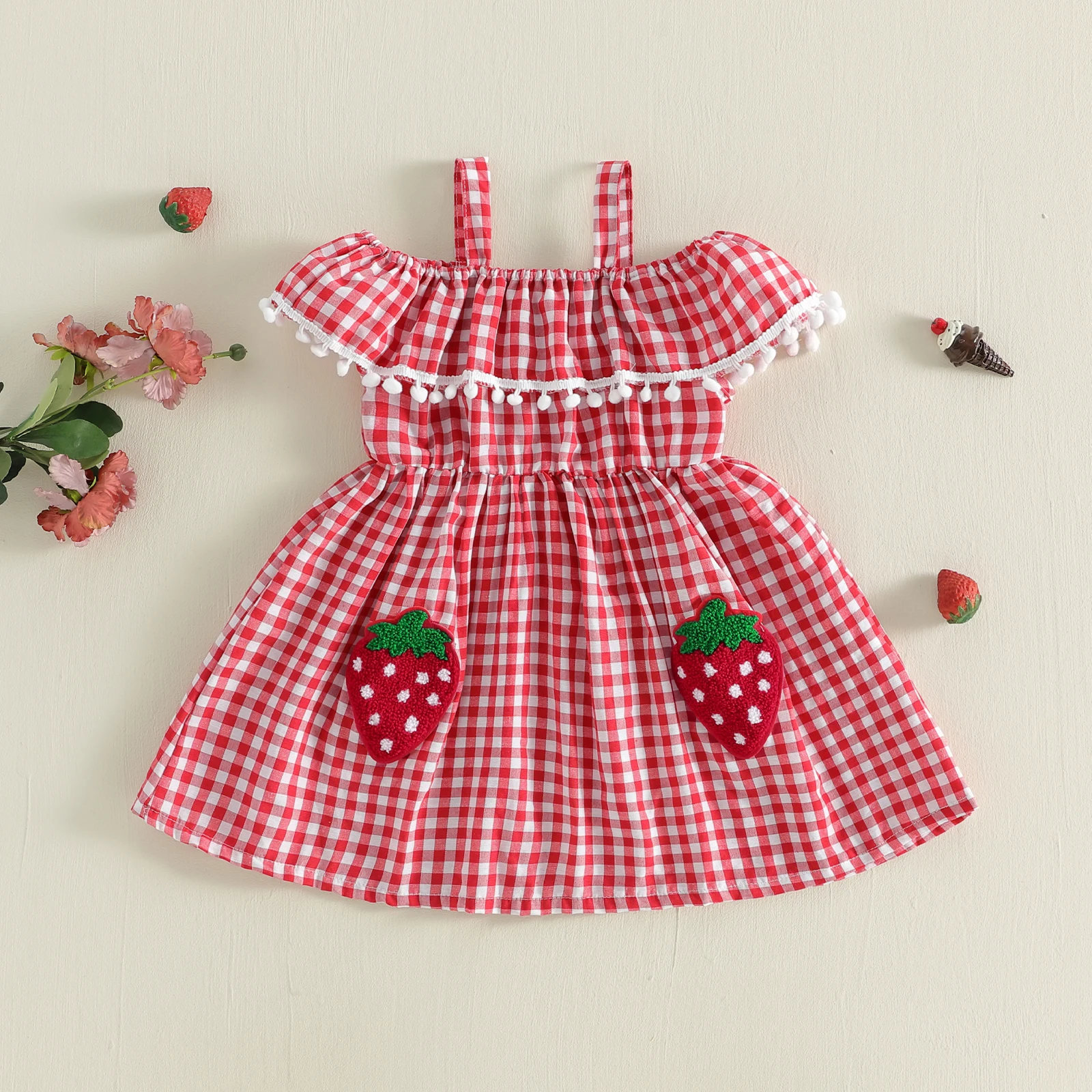 

Летнее платье-сарафан для малышек, модное, без рукавов, в клетку, с вышивкой клубники, повседневное, А-силуэт, уличный стиль