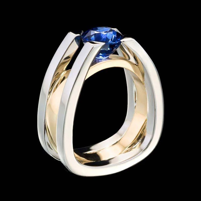 Creative Geometric Sapphire Two-Tone Gold Plated Ring For Women Personality Trend Zircon Finger Ring Female Party Jewelry