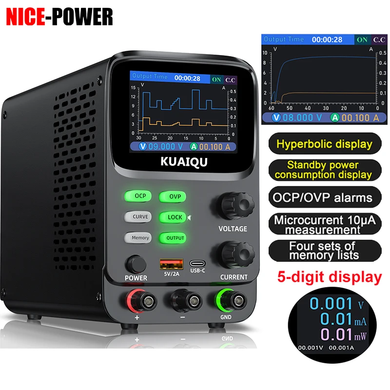 

Newest Adjustable Lab Power Supply,Voltage Current Real time Curve Display,OCP OVP Output Switch,For Charge & Testing battery