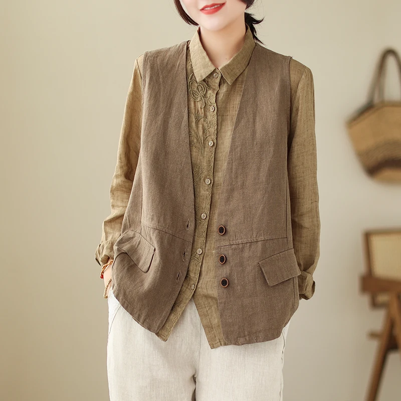 

High-End Large Size Women's Cotton Linen Vest Jaet V-Ne Button-Up Spring Autumn New Sle Commute Sle Pure Color