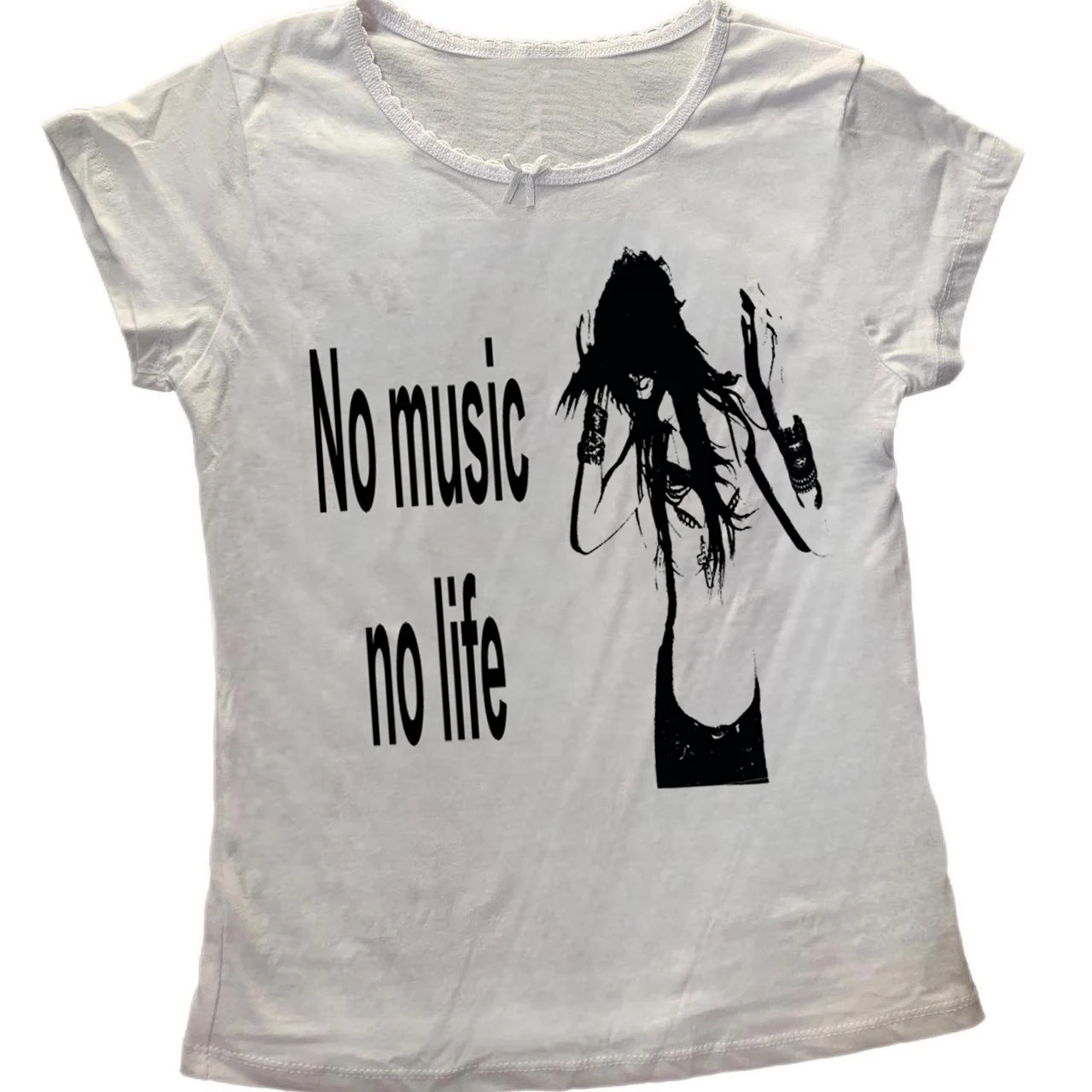 Punk Rock Zitat Grafik Langarm-T-Shirt No Music No Life Dark Grunge Music Lover Y2K Alt Damen Slim Fit Top – Detail 4