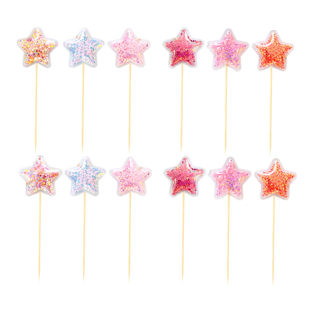

12 Pcs Five pointed Star Sequins Cake Insert Toppers for Birthday Cupcake Decorations Party Hat Baby Shower Cake Picks Gifts Box
