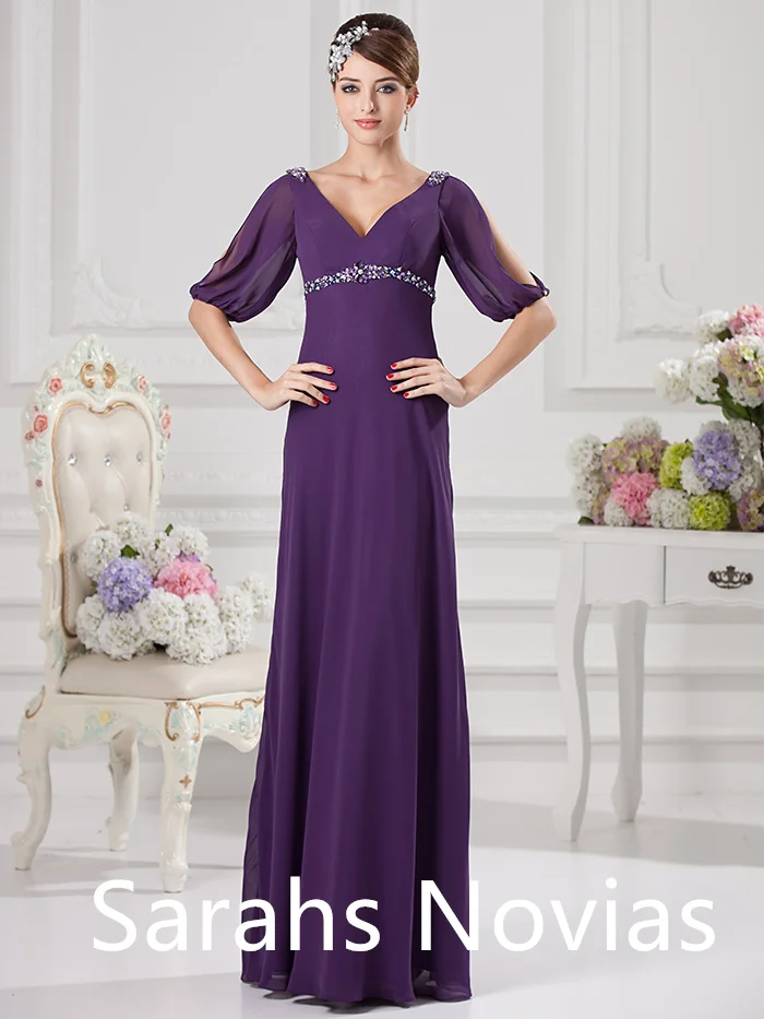 Purple Long Sheath Chiffon Mother Of The Bride Dresses With Sleeves Women's Formal Evening Dress For Bride's Mother  Custom Made