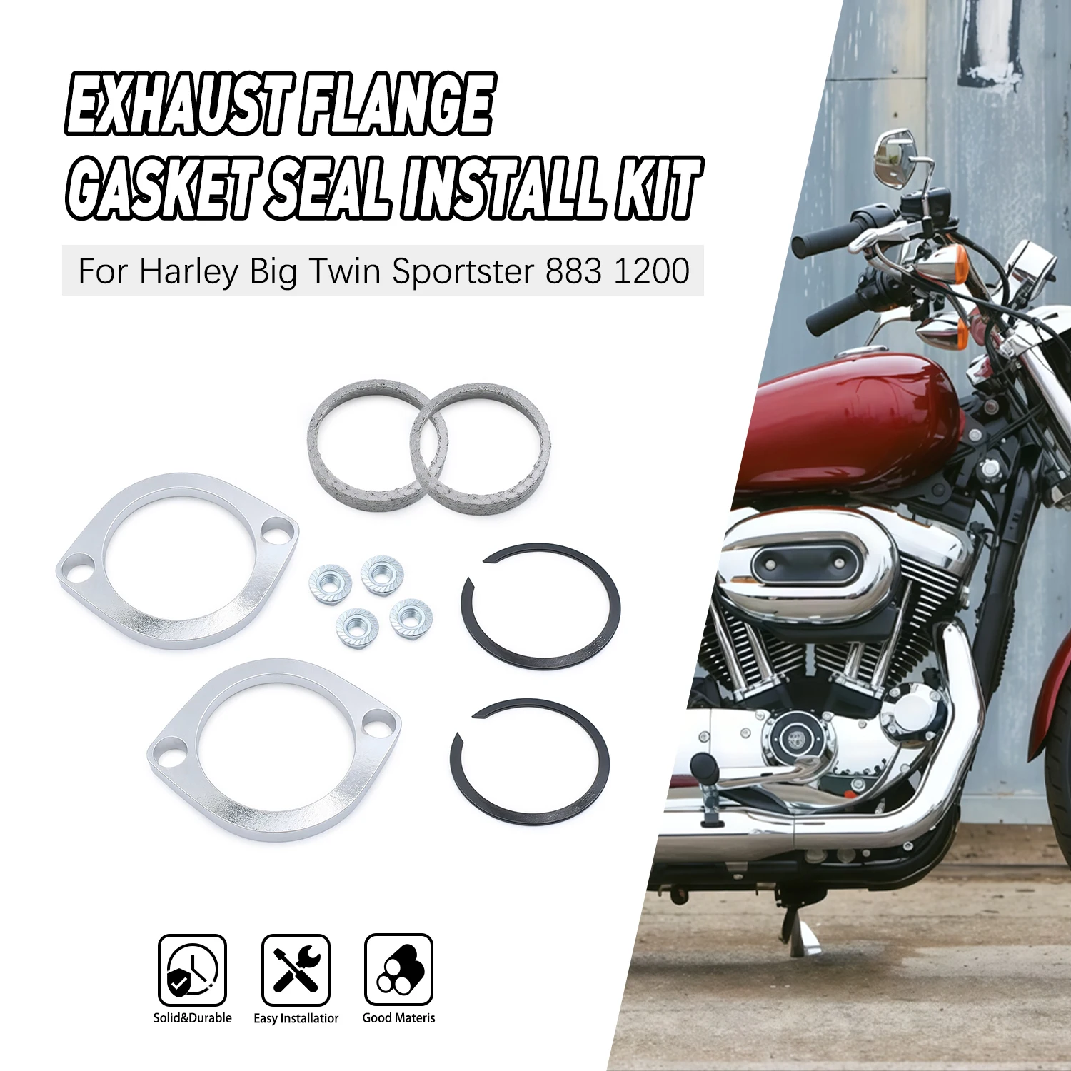 

For Harley Big Twin Sportster 883 1200 Softail Touring Dyna FXD FXDWG Exhaust Flange Install Kit Pair Flanges Gaskets Nut Washer