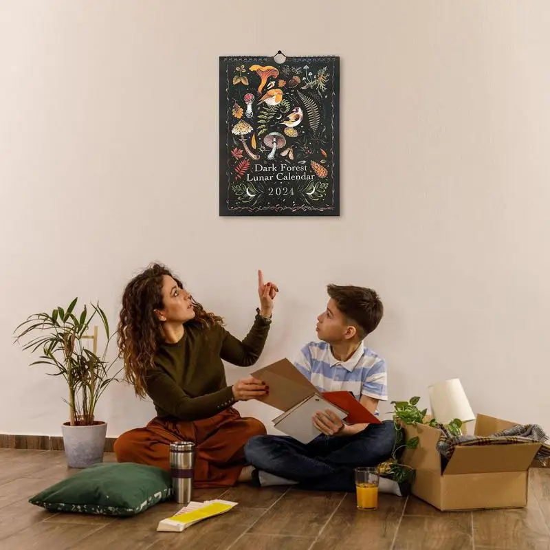 الظلام الغابات القمرية التقويم 2024 جدار التقويمات مع المراحل القمرية مثالية لعيد الميلاد عيد الفصح وهدايا السنة الجديدة