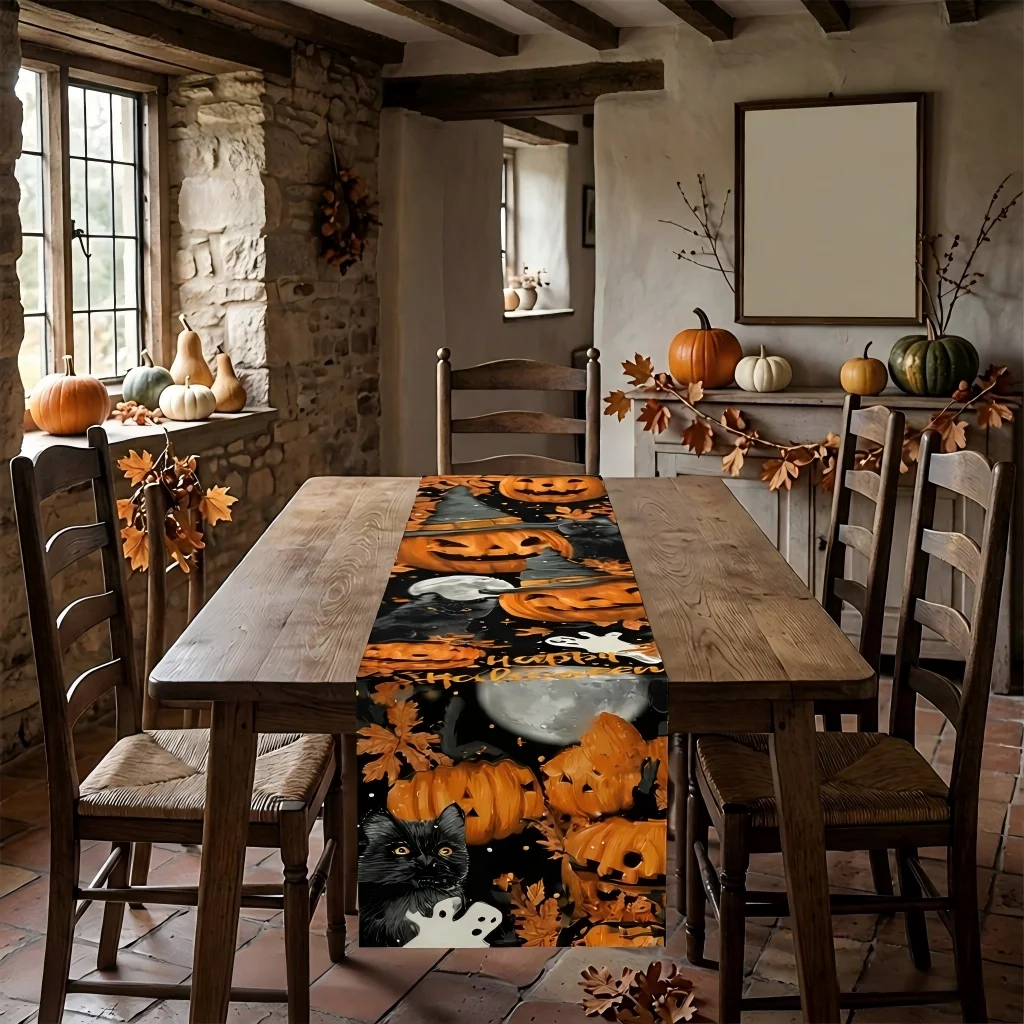 Halloween Spooky Table Runner, 2D Flat All Seasons Festive Decor, Year-Round Tabletop Centerpiece for Dining Table Party Home