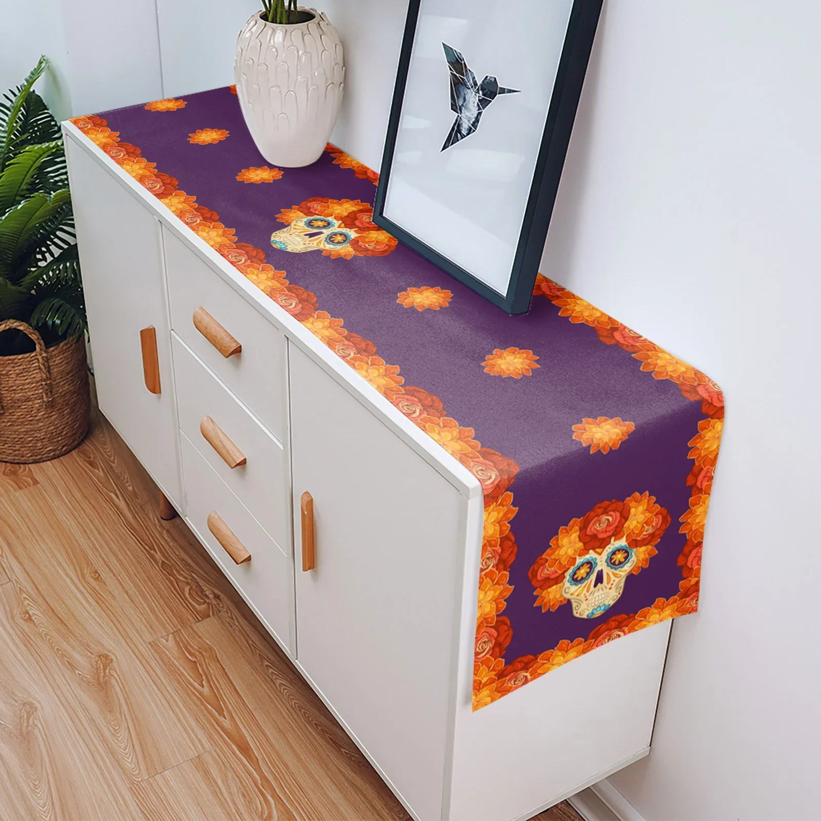 Mexican Day of The Dead Skull Flower Linen Table Runner Dresser Scarf Decor Farmhouse Kitchen Dining Table Runner Party Decor