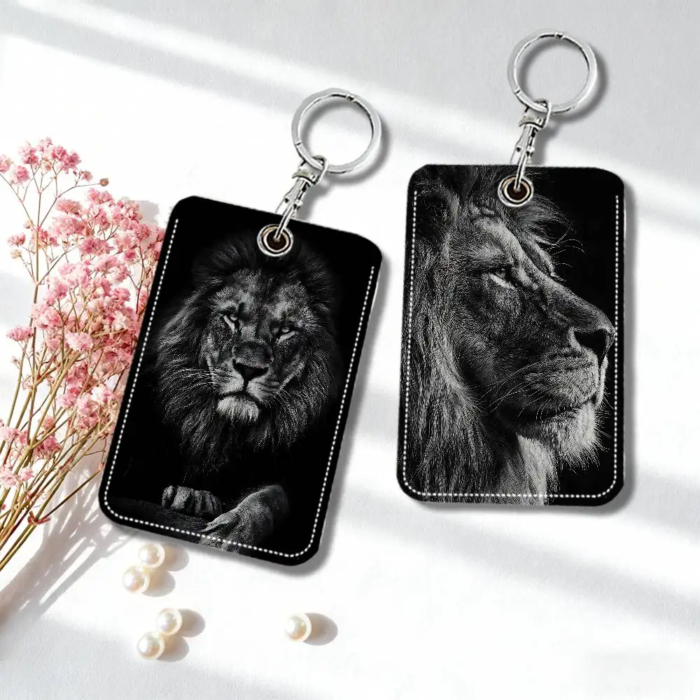 Black And White Lion Keyring Leather Access Card Holder Keychain Community Proximity Card Protective Case
