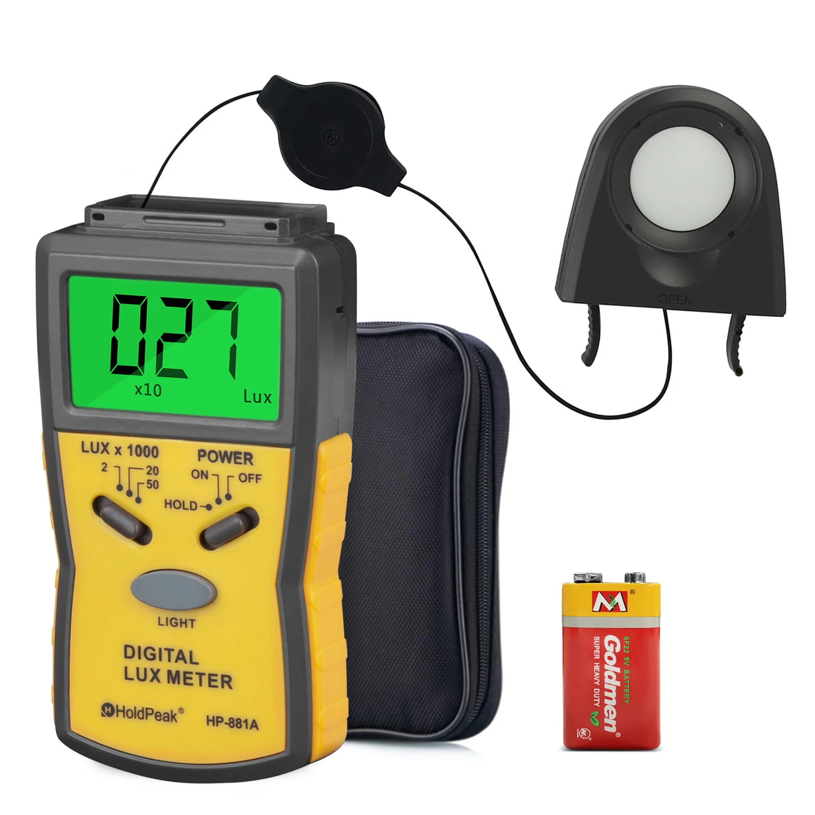 

Digital Illuminance Meter Handheld 200000Lux Data Hold Peak LCD Backlight Portable Light Level Measuring Tester HoldPeak HP-881A