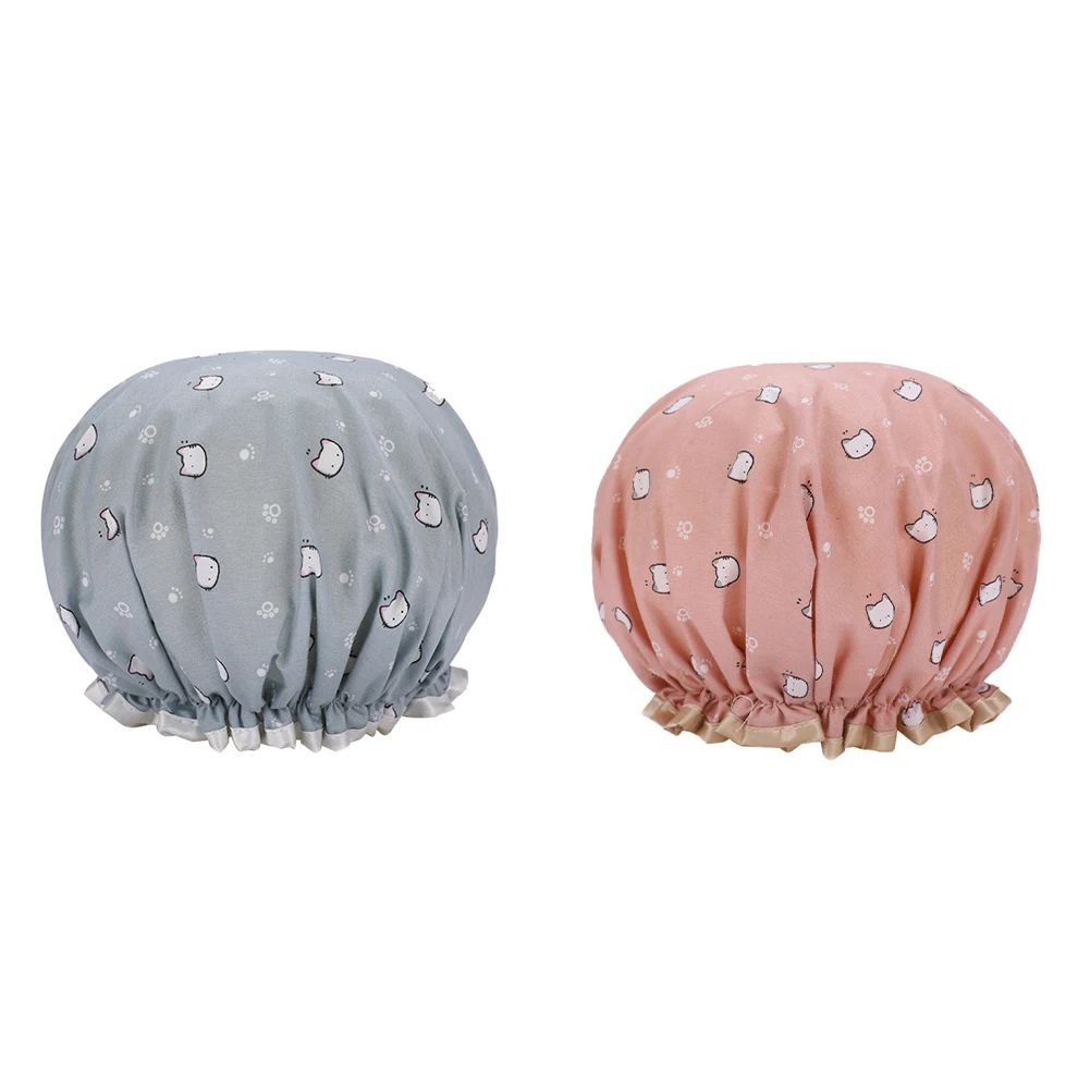 1Pc Waterproof Double Layers Shower Caps Elastic Band Lovely Cat Pattern Reusable Bathing Hat for Women Girls