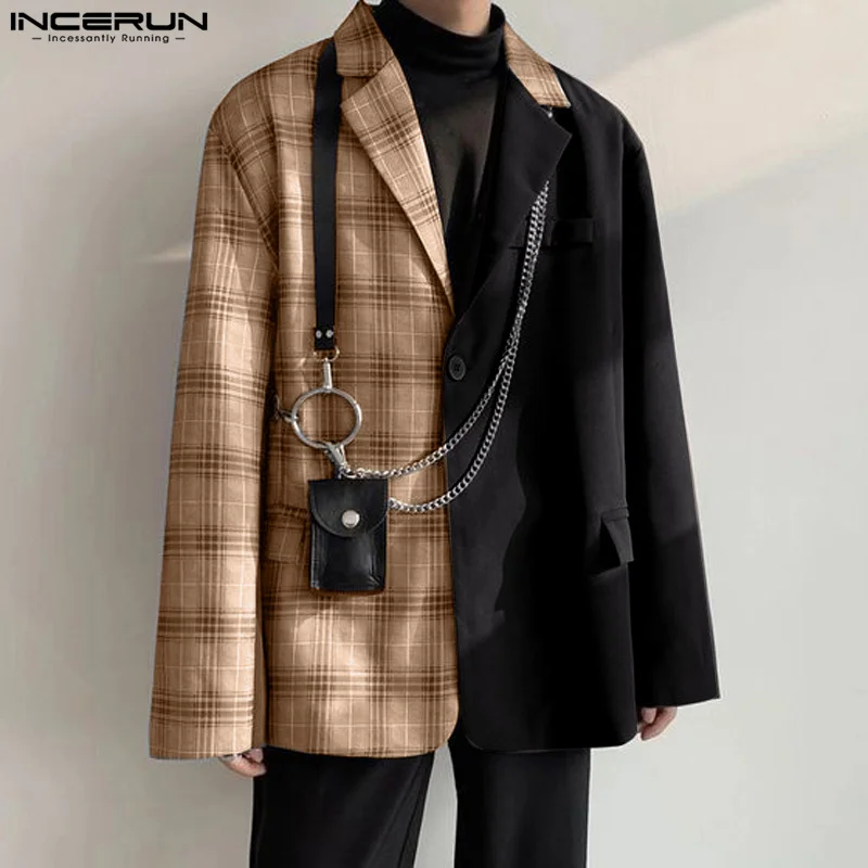 INCERUN Tops 2024 Korean Style Fashion Men's Plaid Splicing Design Suit Coats Casual Personality Loose Long Sleeved Blazer S-5XL