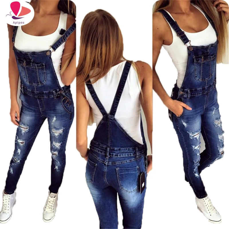 Ladies Spring Fashion Loose Jeans Rompers Female Casual  Overall Playsuit With Pocket Fashion Women Denim Jumpsuit