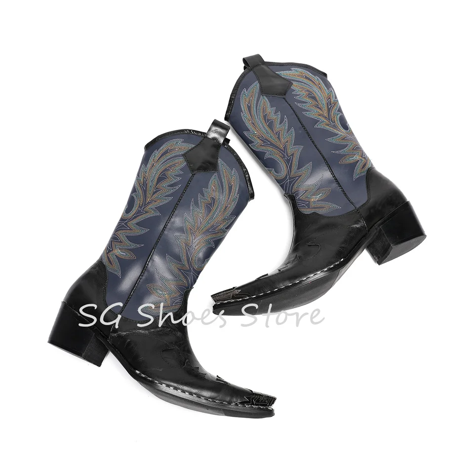 

Retro Metal Pointed Toe Chunky Heel Western Cowboys Boots Feather Embroidery Chelsea Boots for Men Male Dress Leather Shoes
