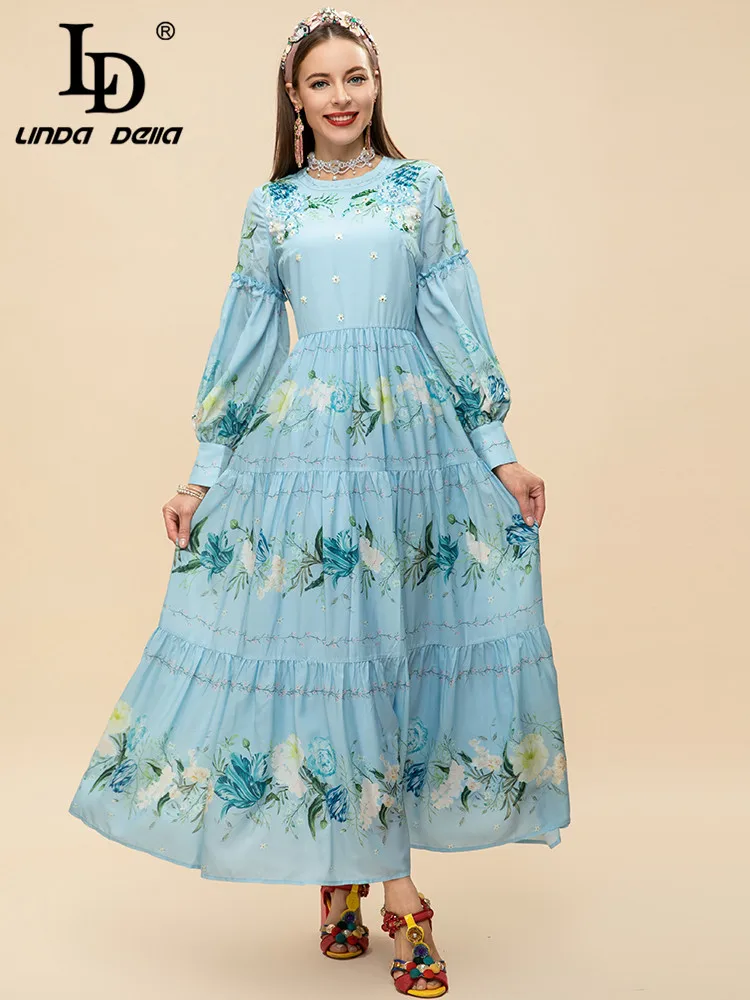 

LD LINDA DELLA Spring Fashion Runway Vacation Dress Women's Lantern Sleeve Beading Blue Floral print A-line Long Party Dress