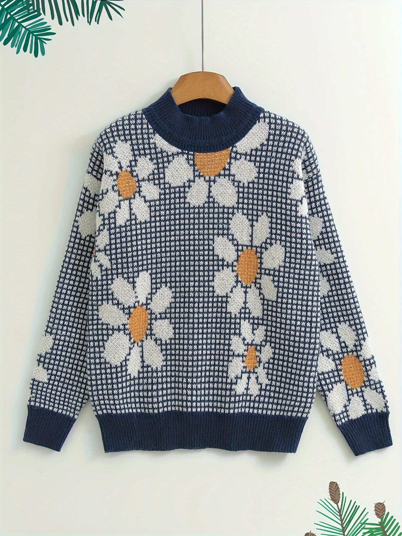 Suéter de punto de invierno para mujer, jersey de manga larga con patrón de margaritas, nueva colección de prendas de punto de otoño, ropa informal