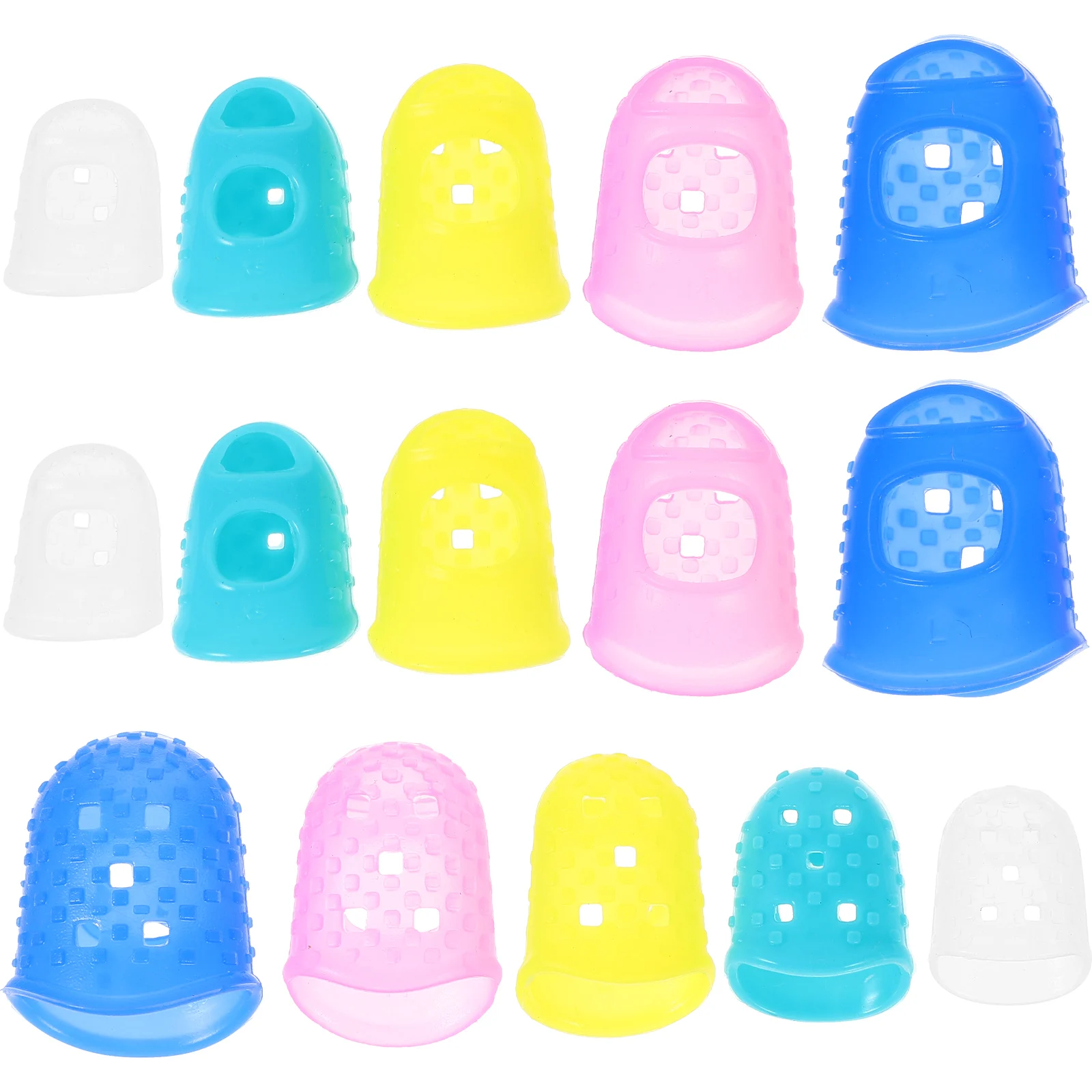 

20 pcs Finger Guards Fingertip Caps 5 Sizes Yellow S Pink M Blue L XS Transparent XXS Silicone Guitar Work Protectors Covers