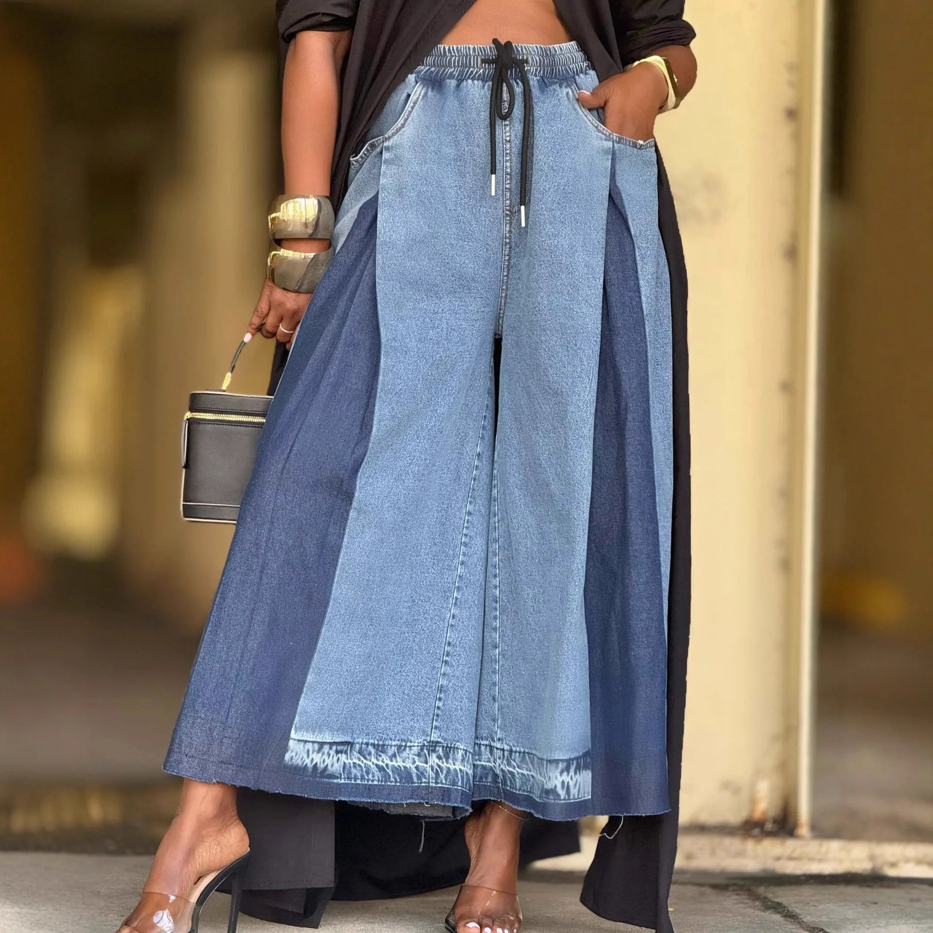 2026 New Street Elastic Drawstring Pleated Contrasting Wide-leg Nine-point Jeans