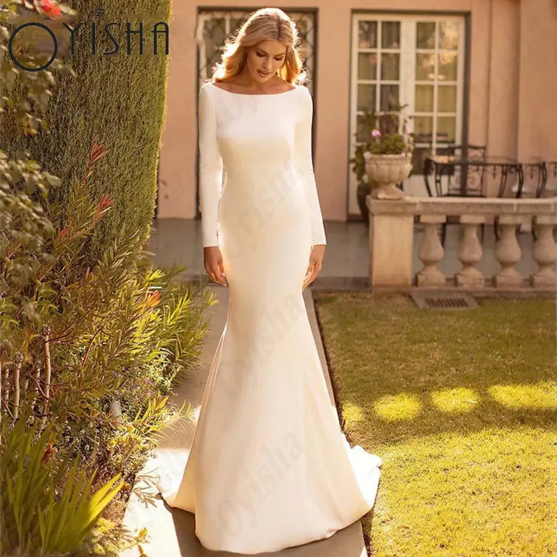 OYISHA Scoop suknie ślubne syrenka proste satynowy rękawy białe suknie ślubne dla kobiet bez pleców eleganckie Vestido De MariagesOYISHA Scoop Syrena Suknie Ślubne Proste Satyna Długie Rękawy Białe Suknie Ślubne Dla Ko