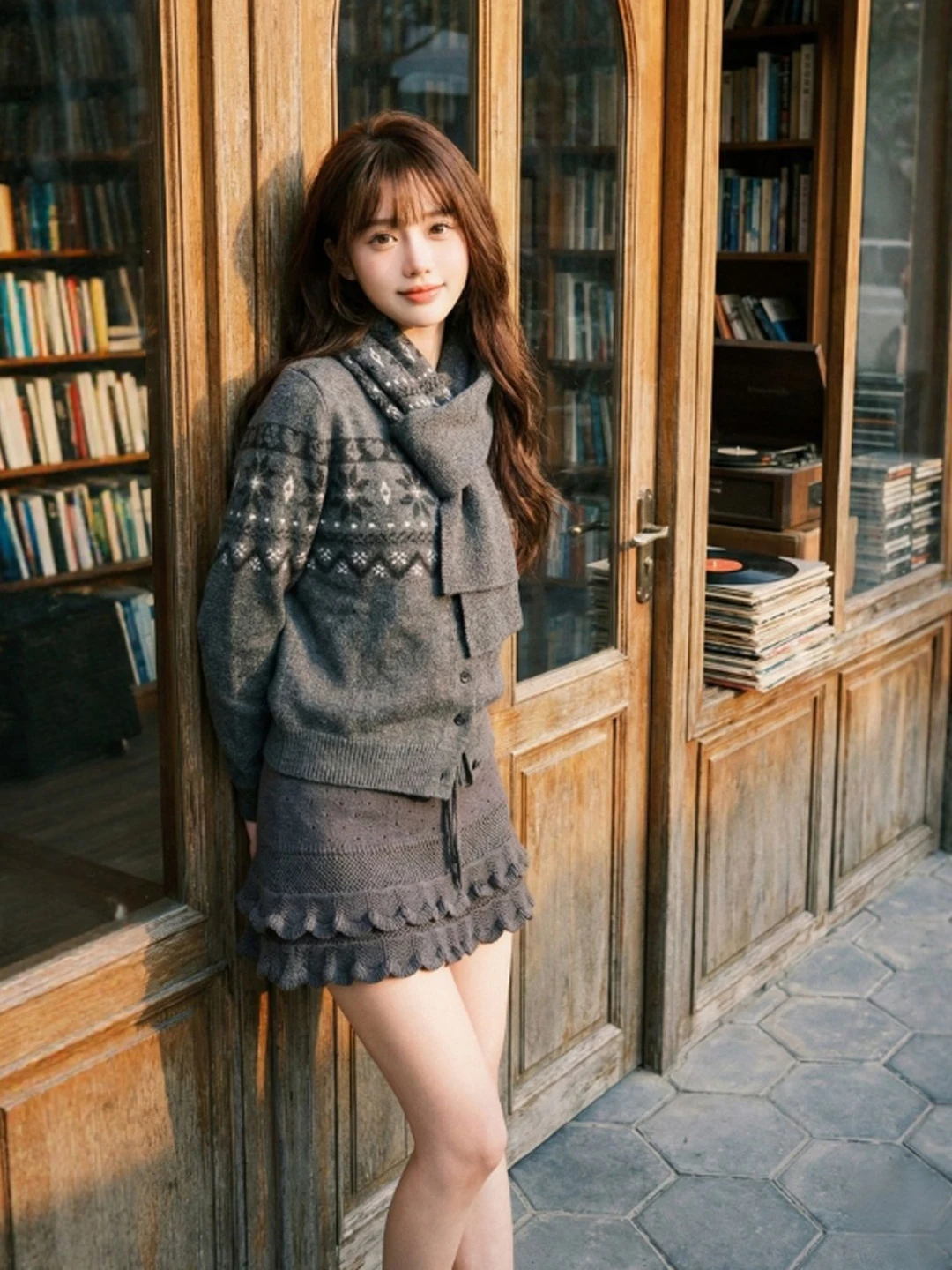 

Laid-ba Sle Scarf Sweater Skirt Two-Piece Set Spring Faion Ensemble Comfortable Cotton Long Sve round Ne