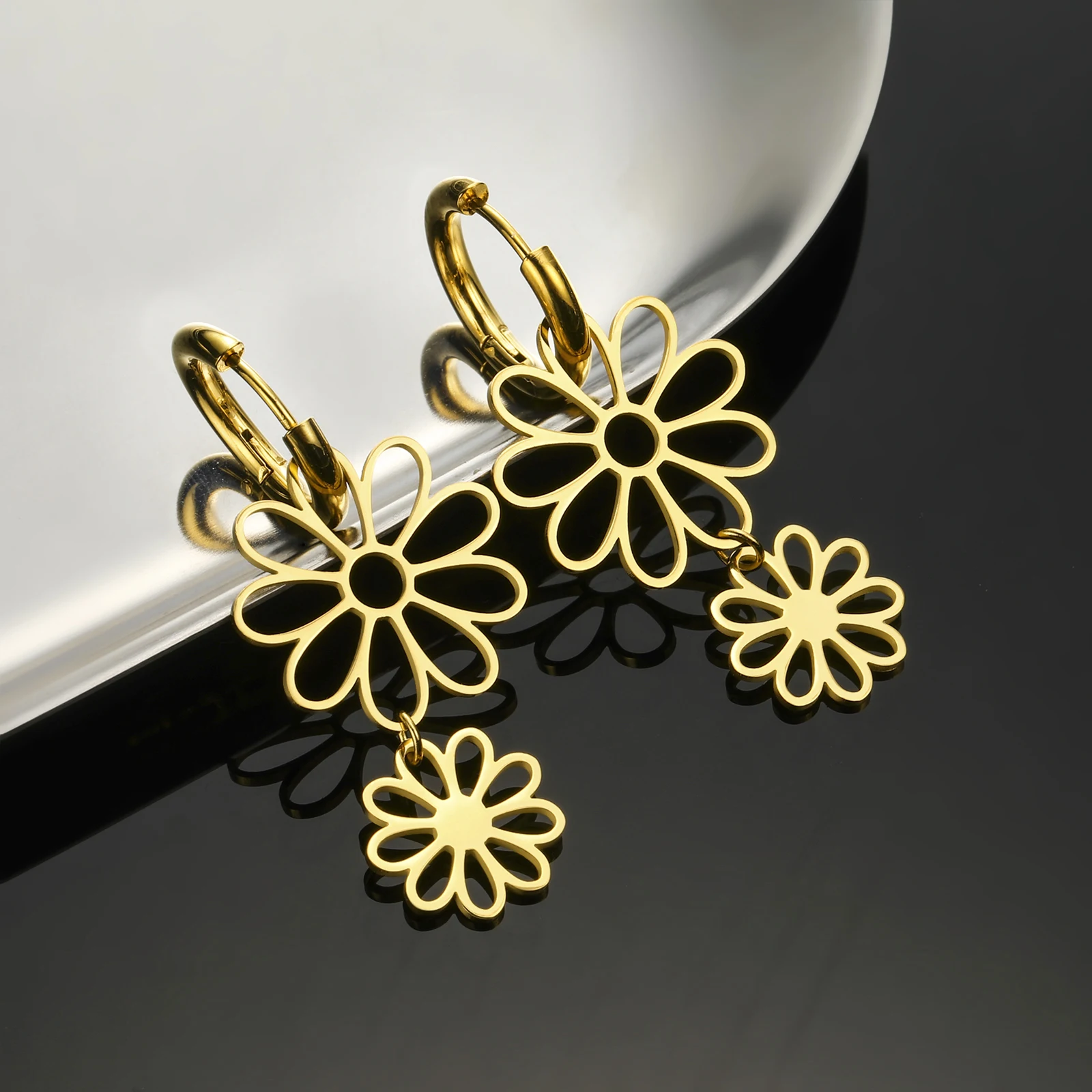 COOLTIME Blumen-Tropfenohrringe für Damen, Edelstahl, goldfarben, Kpop, Party, Geburtstagsgeschenk, Zubehör, Großhandel – Detail 13
