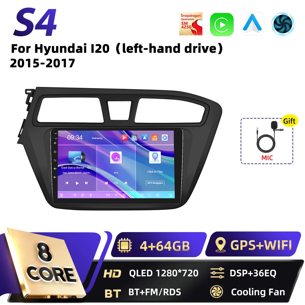 Podofo Qualcomm 8-Core 2DIN Android autoradio voor Hyundai I20 2015 2016 2017 met draadloze Carplay, DSP, WIFI, RDS, GPS, FM en BT