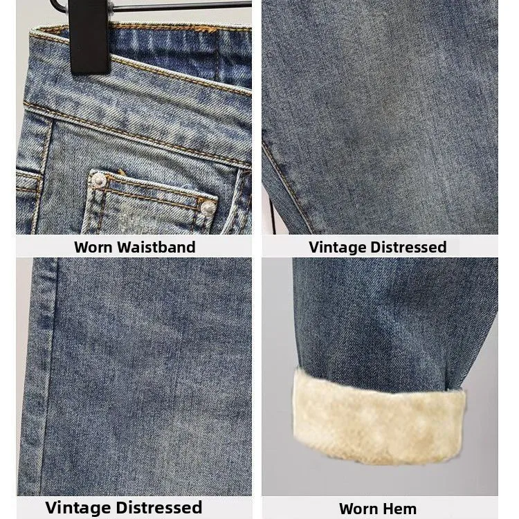 

Модные облегающие джинсы в американском стиле с подкладкой, утепленные, ретро, мужские, осень-зима 2025, новые, джинсовые брюки длиной до щиколотки