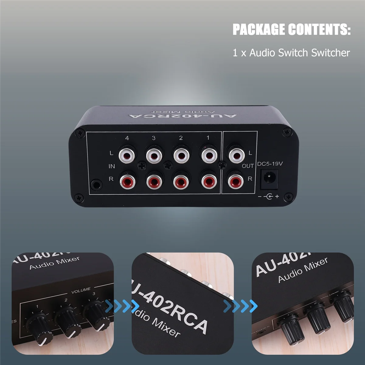 Multi-Source RCA Mixer Stereo Audio Reverberator 4 Eingänge 2 Ausgänge Audio Switch Switcher Treiber Kopfhörer Lautstärkeregler