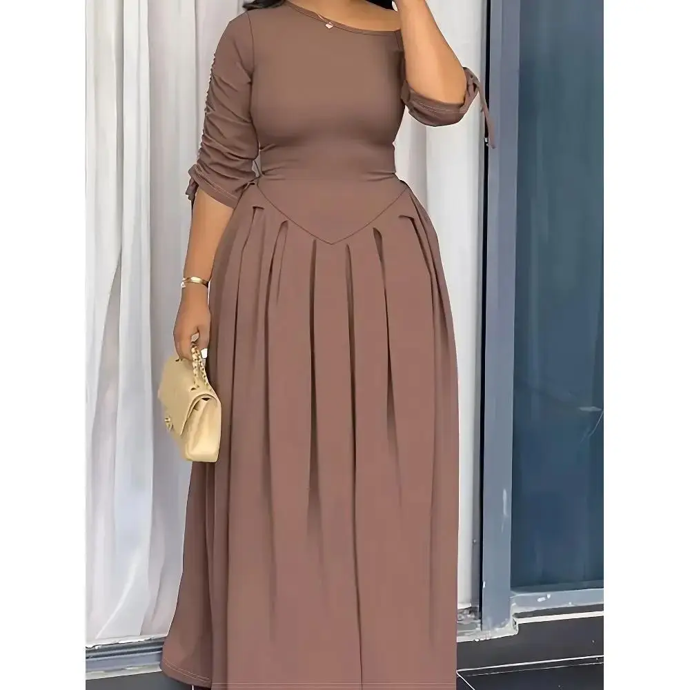 

Коричневое плиссированное платье А-силуэта для отдыха, версия H, для женщин среднего возраста, зима 206, льняная ткань