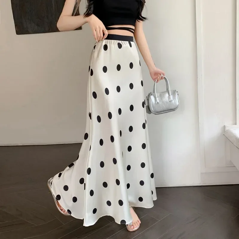 Summer Leisure Women High Waist Dress Female Elastic Waist Texture Versatile Slim Fit A-line Dresses Polka Dot Half Length Skirt