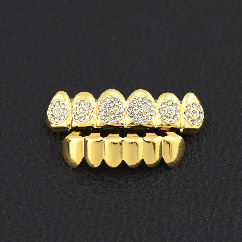 Juego de Grillz Dental chapado en oro, tapas de dientes de cristal, estilo Hip Hop, ideal para regalo de Halloween