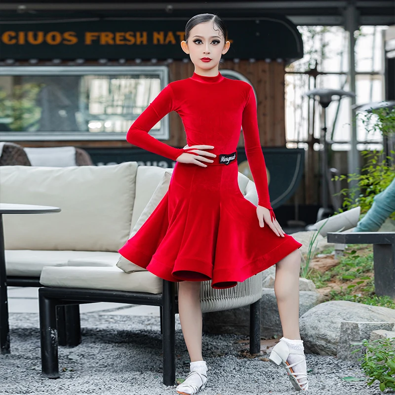 

Children Velvet Latin Dresses Gymnastics Dancewear Competition Dancing Costume Child Ballroom Dance Dress For Girls Stage Outfit