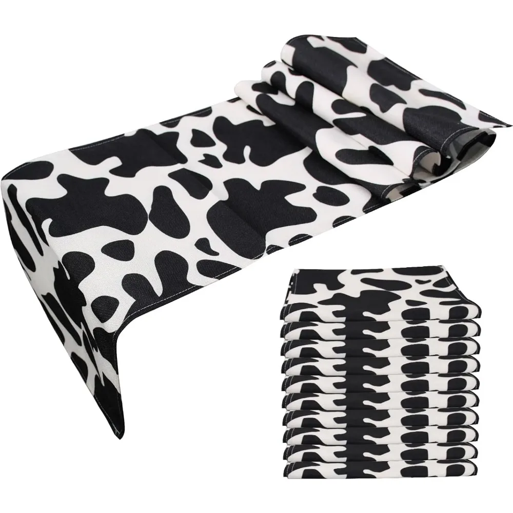 

10 Pcs Linen Cow Print Table Runners, Black and White Farm Cow Print Tablecloths, Western Cowboy Theme for Parties & Home.