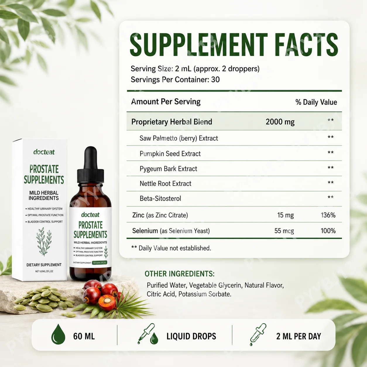 Docteat Prostate Support Liquid Drops 60ml for Men with Pumpkin Seed, Saw Palmetto & Stinging Nettle, Easy-to-Take Daily Support