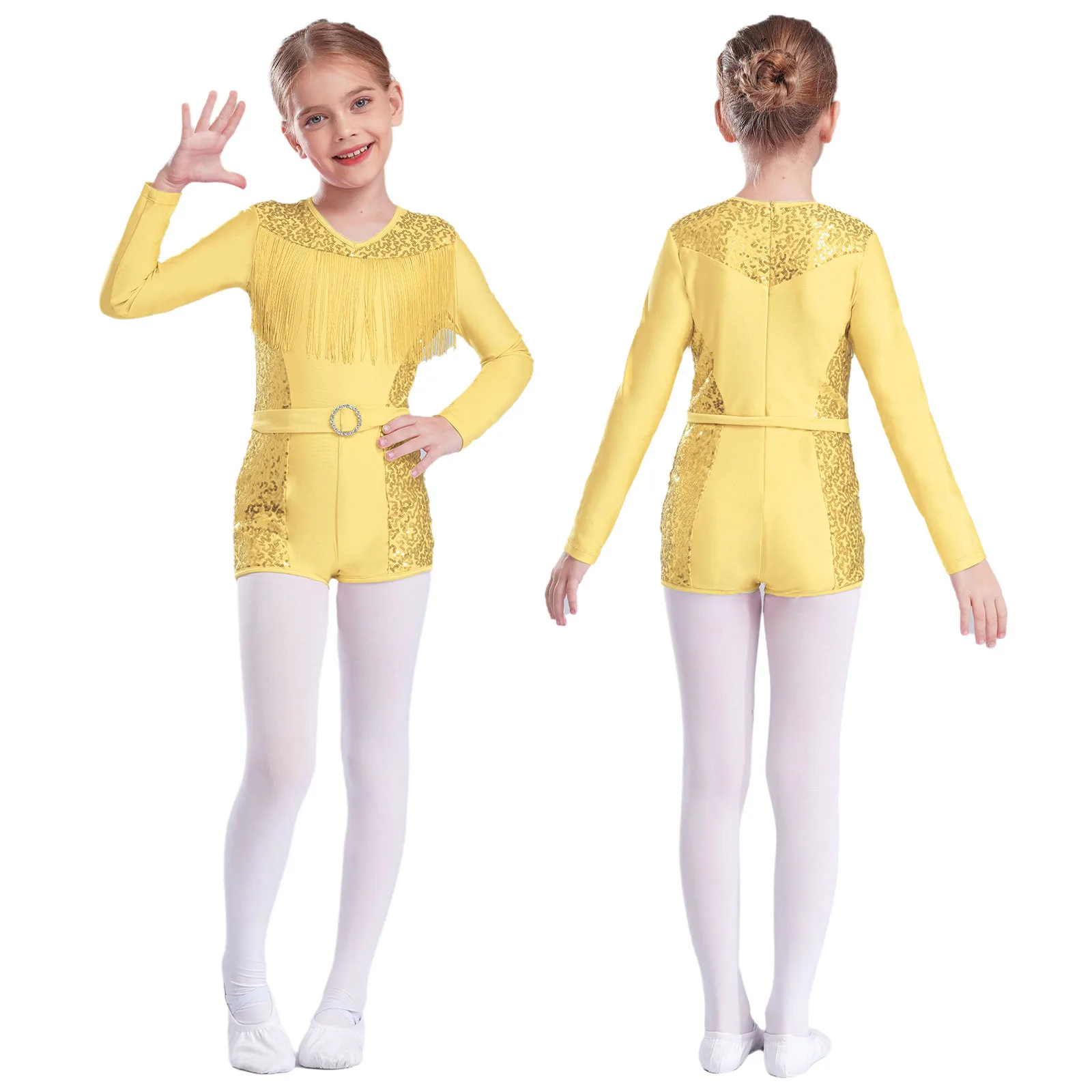 

Girls Shiny Sequin Dance Leotard Rhinestone Gymnastics Ballet Jersey Long Sleeve V-neck Tassels Jumpsuit And Belt Jazz Dancewear