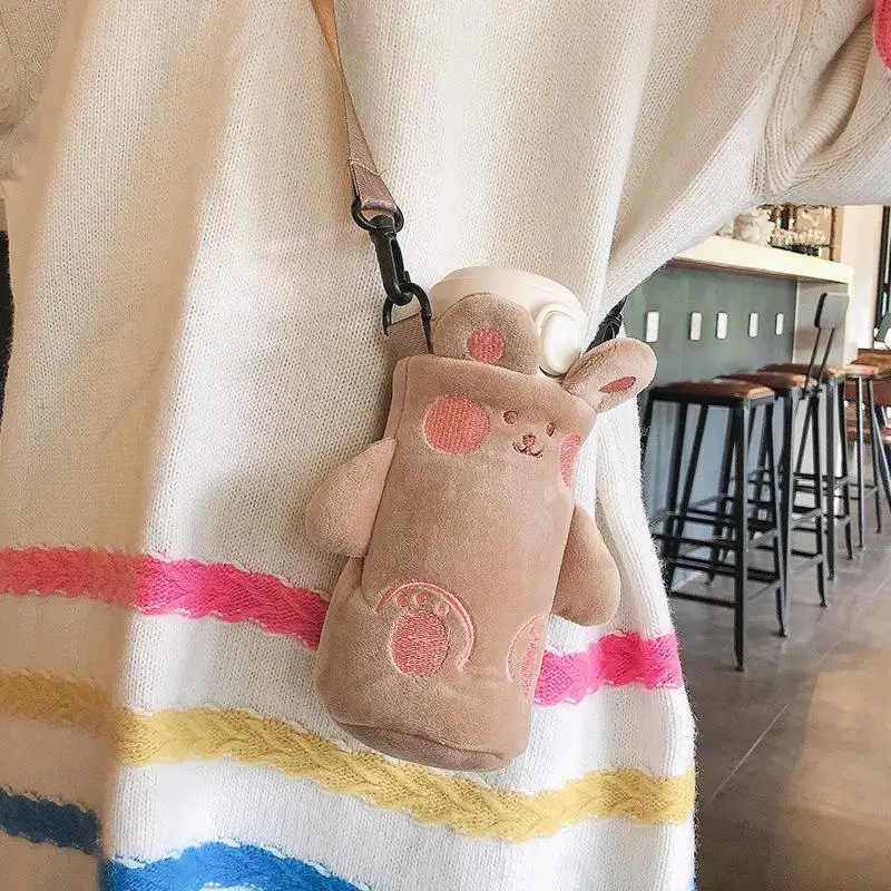 1Pcs Cartoon Plush Cup Holder With Crossbody Strap Portable Water Bottle Cover Cute Plush Insulated Bag Cup Pouch