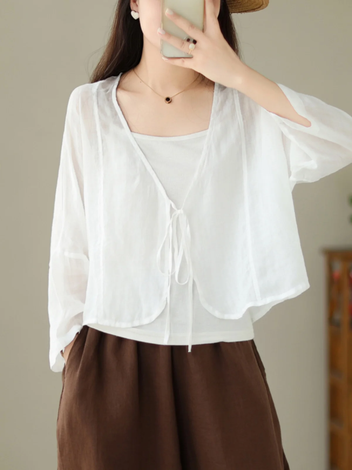 سترة نسائية طويلة للحماية من الشمس من مزيج القطن والكتان مفتوحة من الأمام irt V Ne Retro Sle Commute Faion