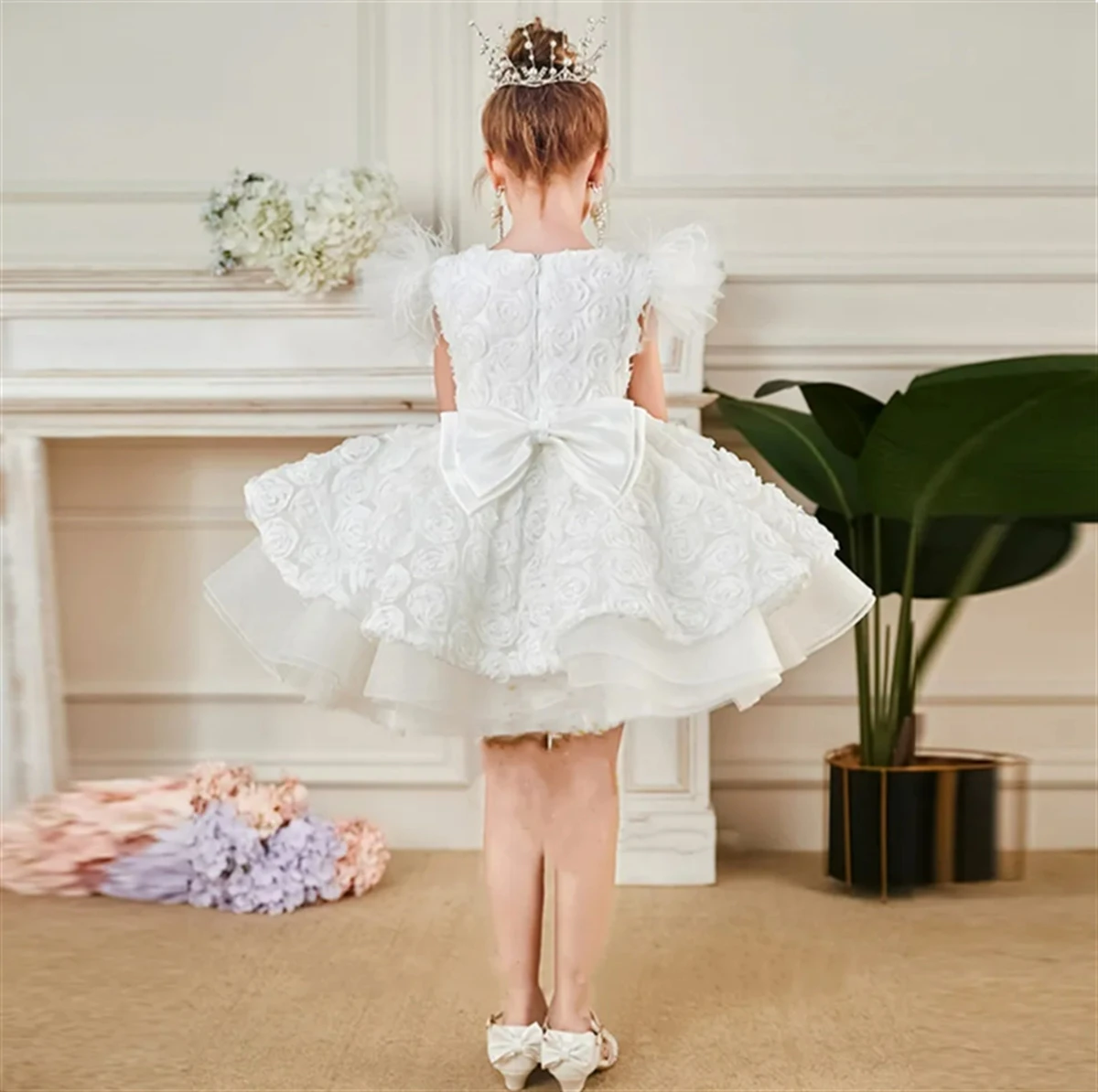 Robe de fille à fleurs blanches en tulle avec appliques 3D, jupe de mariage mignonne, première communion de princesse pour enfant, robe de fête d'anniversaire