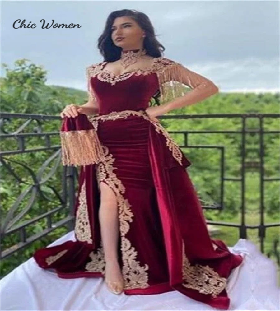 Vestido de noche elegante rojo argelino karakou con sobrefalda caftán de encaje dorado de lujo vestido de fiesta marroquí con hendidura iraquí personalizado