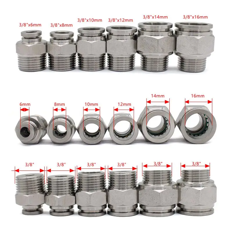 304 Stainless Steel External Thread Pneumatic Quick Coupling PC 1/8" 1/4" 3/8" 1/2" BSP External Thread Trachea Hose Connector