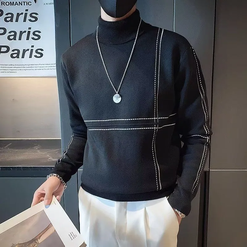 الياقة المدورة سترة الرجال الكورية نمط الخريف والشتاء قاع سترة بلون الخيوط البلوز الأعلى #5