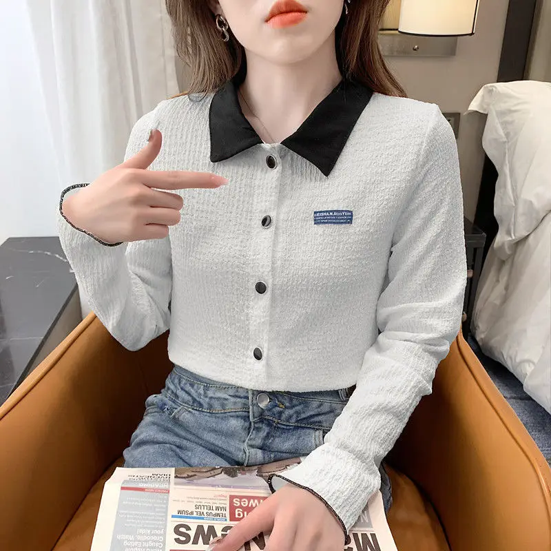 

Long Sleeve Shirts Women Striped Pleated Hem Blouses Button Down Lantern Sleeves Slim Fit Polka Dot Preppy Feminine Retro French