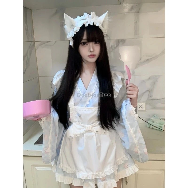 2024 japanese style lolita maid apron kimono set fresh printing romantic lace patchwork dress sweet cute girl daily lolita suit