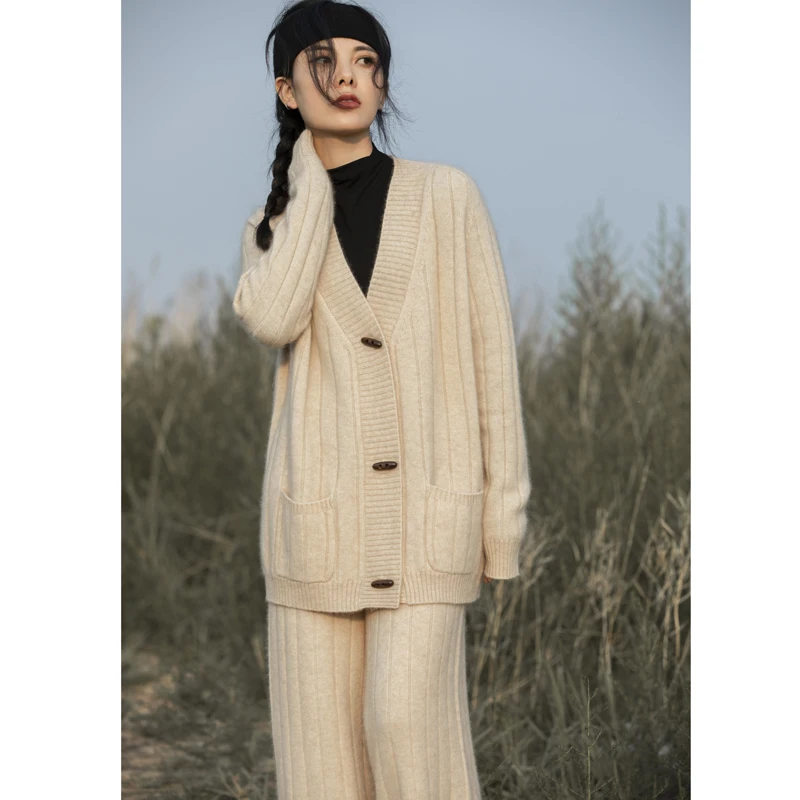 Fashion Suit Autumn Winter 100% Cashmere Knitted High Quality Sweater Women Tops And Harem Pants Two-Piece Female Girl Clothes