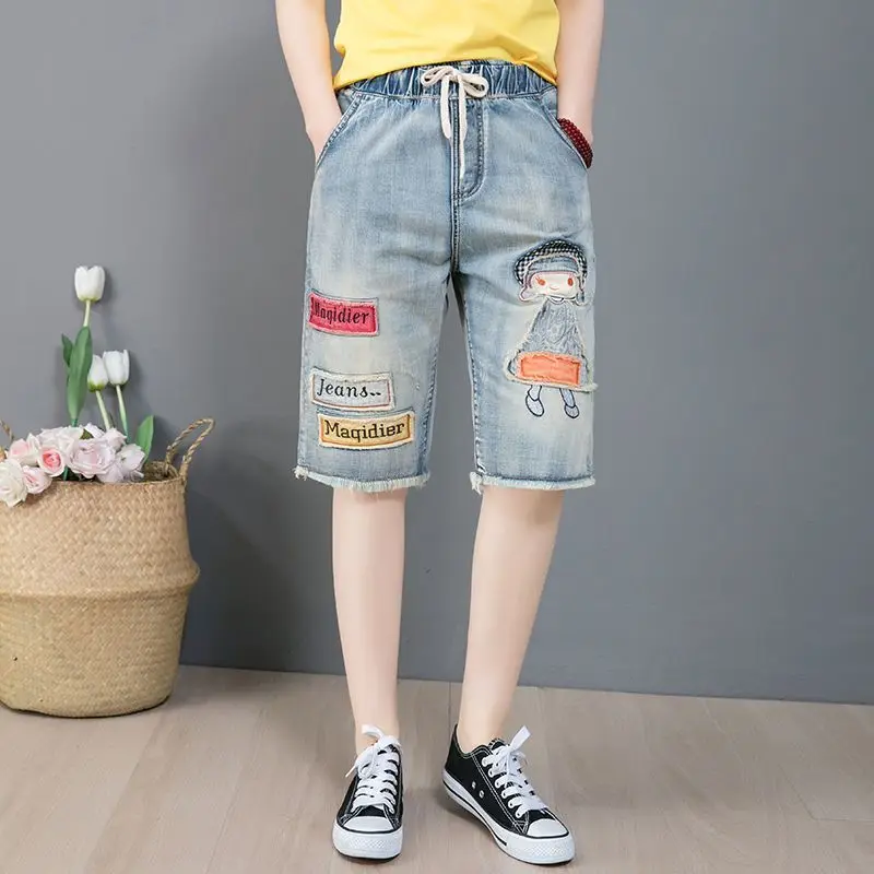 

Women Summer Fashion Trend Loose Embroidered Cartoon High Waist Harem Women Clothes Casual All-match Appear Thin Denim Shorts