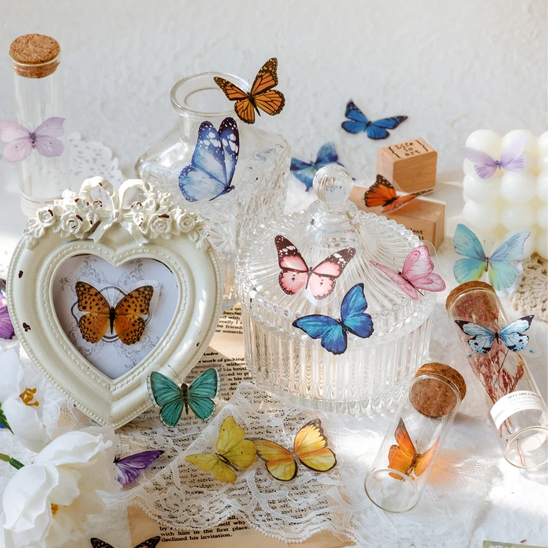 40pcs Colorful Butterflies Decoupage Scrapbooking PET Stickers Kawaii Stationery Decals Notepad Art Students Phone Case