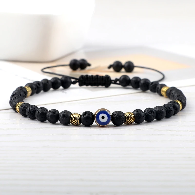 Czarna kamień lawowy bransoletka Evil Eye dla mężczyzn damska pleciona regulowana koraliki w kolorze Tiger Eye bransoletka Yogo moda biżuteria