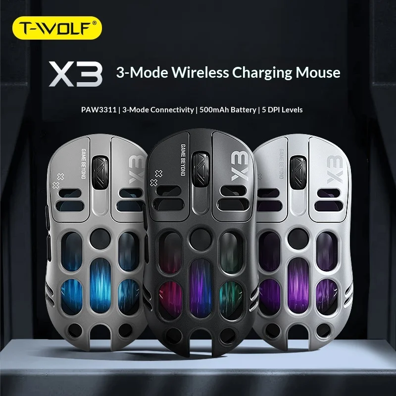 T-Wolf X3 Lightweight 3 Mode Rechargeable Wireless Bluetooth Gaming Mouse Paw3311 Sensor 500mah Battery 5 Gear Dpi For Pc Gamers